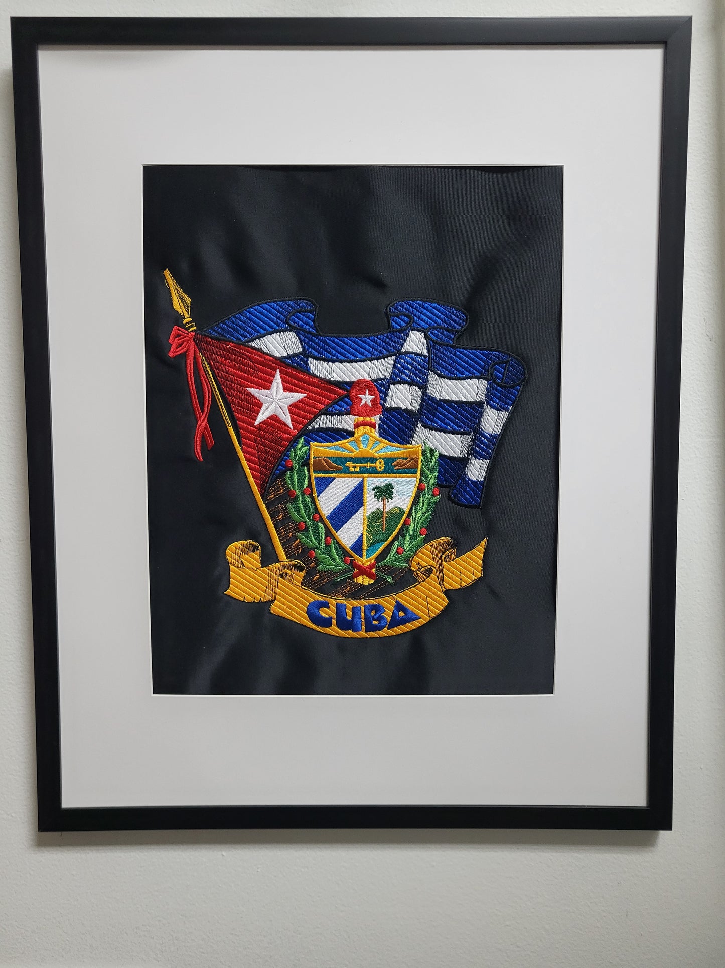 Framed Cuban Crest embroidery wall art. Escudo Cubano bordado enmarcado. 16x20 Embroidered wall art.