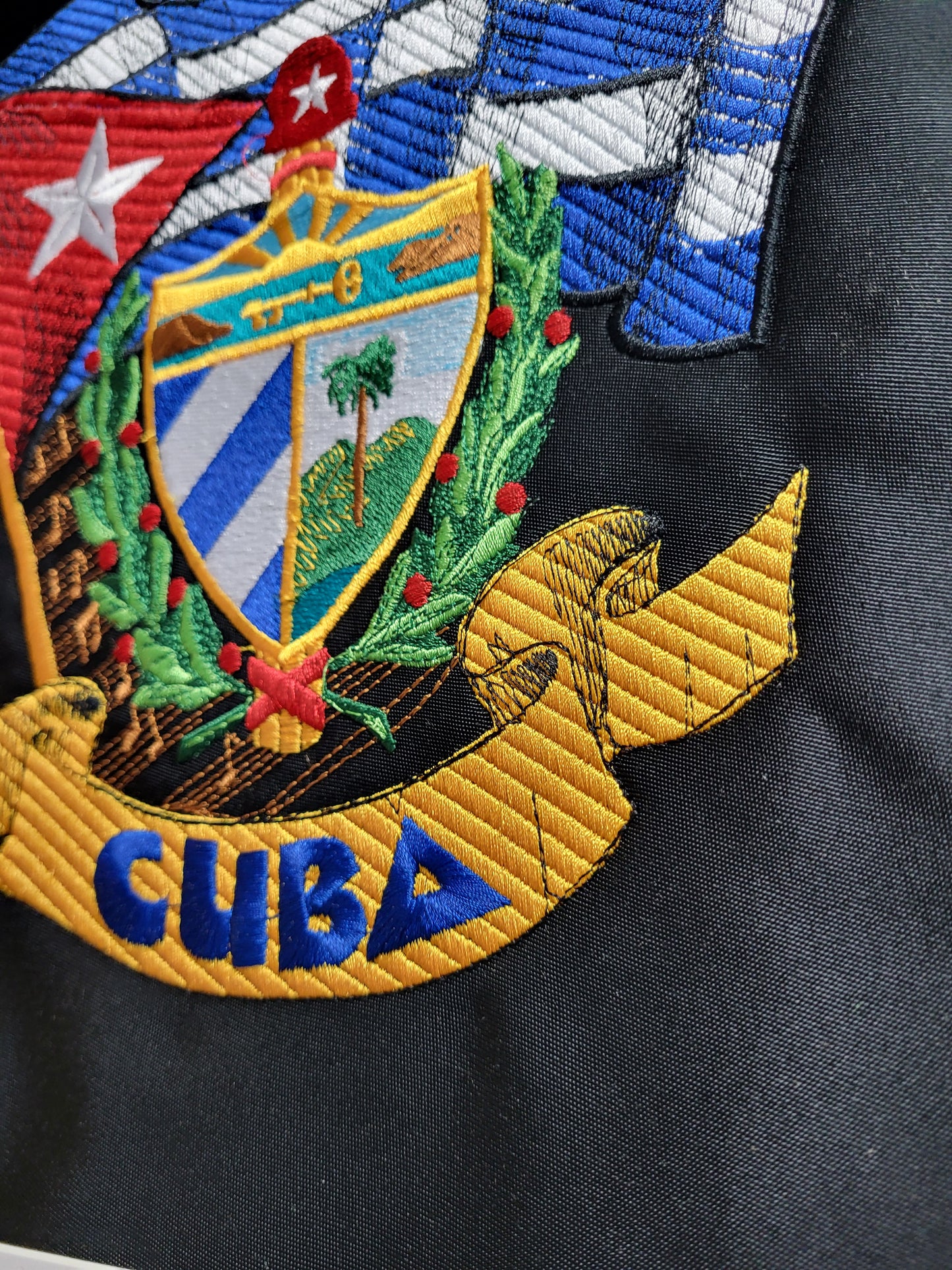 Framed Cuban Crest embroidery wall art. Escudo Cubano bordado enmarcado. 16x20 Embroidered wall art.