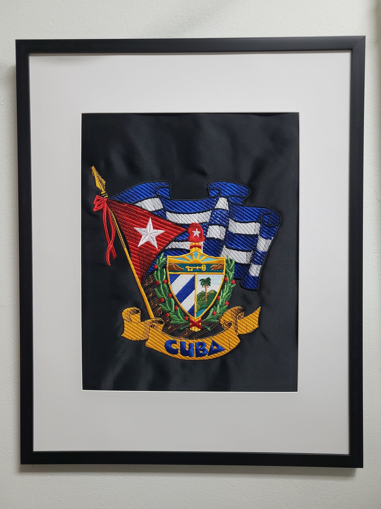 Framed Cuban Crest embroidery wall art. Escudo Cubano bordado enmarcado. 16x20 Embroidered wall art.