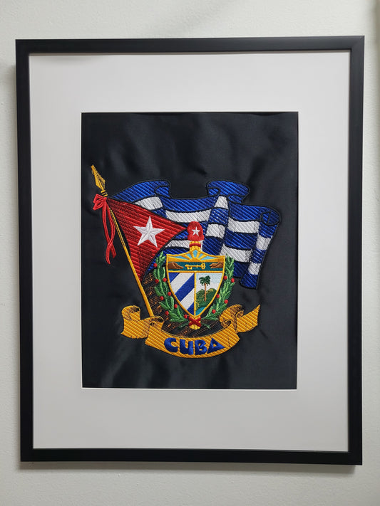 Framed Cuban Crest embroidery wall art. Escudo Cubano bordado enmarcado. 16x20 Embroidered wall art.