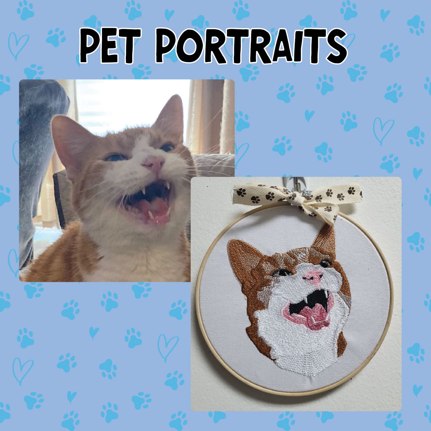 Custom pet portrait in embroidery hoop - personalized dog, cat, or pet gift
