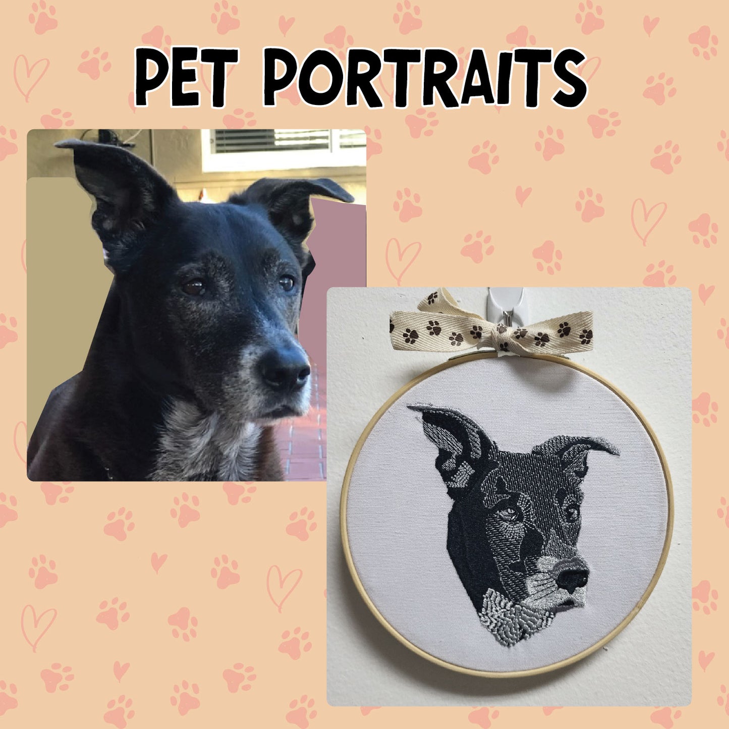 Custom pet portrait in embroidery hoop - personalized dog, cat, or pet gift